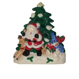 VTG Plastic‎  Christmas Tree Scene Santa Claus Snowman Reindeer Wall Hanging 6"